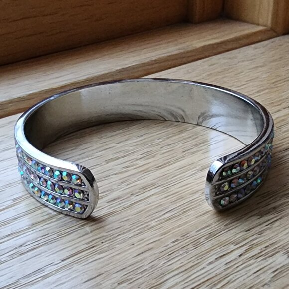Silvertone Bangle With Three Rows Of Crystals - Picture 12 of 13